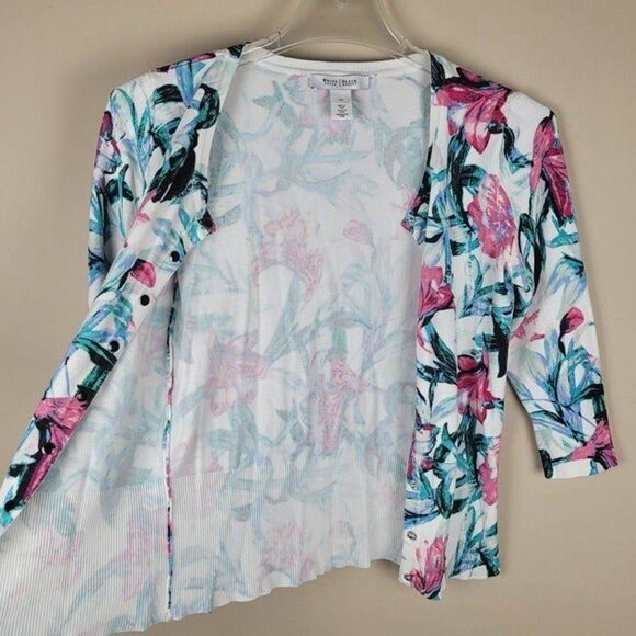 White House Black Market Size XS Floral Snap Button Cardigan White Pink Green - Picture 3 of 9